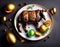 Easter Traditional Dinner. Roasted Lamb served with baked potatoes, artistic. Gold fork, AI Generated