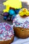 Easter. Traditional Kulich, Easter colored eggs. Happy Day Bright Easter. Orthodox holiday. Closeup