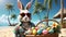 Easter trendy bunny donning aviator style sunglasses, lounging on a tropical beach. Generative AI