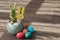 Easter view: cactus with yellow decorative wooden rabbit
