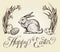 Easter vintage hand drawn card illustration. Happy Easter lettering with bunny, festive eggs and narcissus flowers.