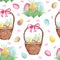 Easter watercolor seamless pattern with baskets and Easter eggs