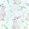 Easter watercolor seamless pattern. Cute gray rabbits