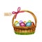 Easter wicker basket with colorful eggs. Vector