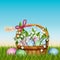 Easter wicker basket with flowers in grass