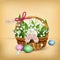 Easter wicker basket with rabbit and flowers