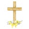 Easter Wooden Christian Cross with flowers and eggs. Catholic Church floral cross isolated on white background. Spring