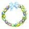 Easter wreath. Big blue bow in polka dot.
