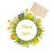 Easter wreath with blank board, baby chicken, egg\'s and flowers