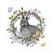 Easter wreath with bunny and flowers. Spring floral illustration. Decorative frame with rabbit, lilac, hydrangea, butterflies