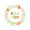 Easter wreath with colorful cookie eggs, flowers, and branches on white background