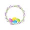 Easter Wreath with copy space. Round frame with lavander plant and bright painted eggs. Colored easter eggs and flowers