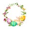 Easter wreath with easter bunny, colored eggs, grass and flowers. Circle border. Watercolor