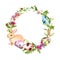 Easter wreath with easter bunny, colored eggs, grass and flowers. Circle border. Watercolor