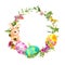 Easter wreath with easter bunny, colored eggs in grass, flowers. Circle border. Watercolor