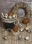 Easter wreath, eggs in a clay pot, brown eggs, quail eggs, chicken feathers,