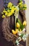 Easter wreath. Spring decoration on the wooden door of the house