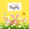Easter Yellow Background with Eggs in Grass and Rabbits
