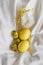 easter yellow chicken and quail eggs, spring mimosa sprig on white cloth, easter holiday celebration concept