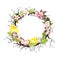 Easter yellow chicks, eggs, apple flowers, branches, spring leaves. Floral wreath for Easter. Watercolor border