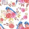 Eastern bluebird or Sialia sialis couple on seamless rose pattern watercolor background