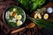 Eastern European dish: green borscht, flat lay