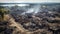 Eastern European town destroyed by War, abandoned buildings, burned houses, empty land with lots of shell holes