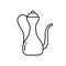 Eastern jug or kumgan. Linear icon of antique copper pitcher. Black simple illustration of arabic or muslim dishes with graceful