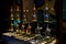 Eastern pitchers stand on a shelf in an Arab shop. Copper glasses, trays, bottles and jars at the brass traders shop