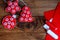Easy Christmas crafts ornaments. Felt star, Christmas tree and ball on a brown wooden background with copyspace. Sewing workshop