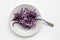 Easy homecooked creamy coleslaw from red cabbage on a plate on white table background. Top view, copy space. Fresh vegetable salad