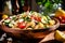 Easy pasta salad,tossed in tangy, filled with veggies, zingy lemon dressing, feta, chickpeas, herbs. Close-up