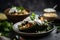 Easy Stuffed Poblanos decorated with sour cream, large roasted green jalapenos on a dark background, generativ ai