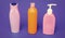 Easy to refill and dispense. Toiletry bottles in row. Refillable bottles blue background