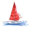 Easy walking white abstract yacht sailboat with red sails sailing in the drift water. Boat at sea. Hand-drawn watercolor