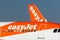 EasyJet logo and sign on plane.