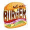 Eat Burger ordered on the fast food menu. Hamburger with cutlet, tomatoes and onion. Logo icon vector illustration design