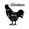 Eat cuts - chicken. Diagrams for butcher shop. Scheme of chicken. Animal silhouette chicken. Guide for cutting.