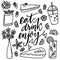 Eat, drink, enjoy. Cafe inspirational quote and hand drawn doodles of desserts, cakes and drinks. Black and white