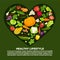 Eat healthy commercial poster with tasty vegetables inside big heart. Banner to encourage people to have proper organic