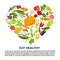 Eat healthy commercial poster with tasty vegetables inside big heart. Banner to encourage people to have proper organic