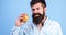 Eat healthy. Man with beard hipster hold apple fruit hand. Nutrition facts and health benefits. Apples popular fruit in