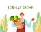 Eat local organic products cartoon vector concept. Colorful illustration of happy farmer