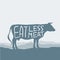 Eat less meat. Cow silhouette graze in the field, landscape, sky, grass, pasture. Blue, gray background. Pollution problem concept