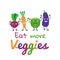 Eat more veggies cute cartoon beet carrot cabbage eggplant on white background