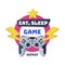 Eat, Sleep, Game Logo, Joysticks Gamepad with Slogan Text Print Cartoon Vector Illustration