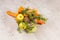 Eatable bouquet on wooden background.