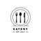 Eatery restaurant logo with knife, fork, spoon and plate icon.