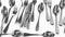 Eatery utensils, kitchen tools, spoon, knife and fork.