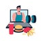 Eating fast food in front of a laptop, and a trainer who offers you online workout, dumbbell. Obesity during the